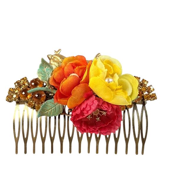 Gold Bird Floral Hair Comb Autumn Rose Bridal Boho Vintage-Inspired Accessory - Picture 4 of 5